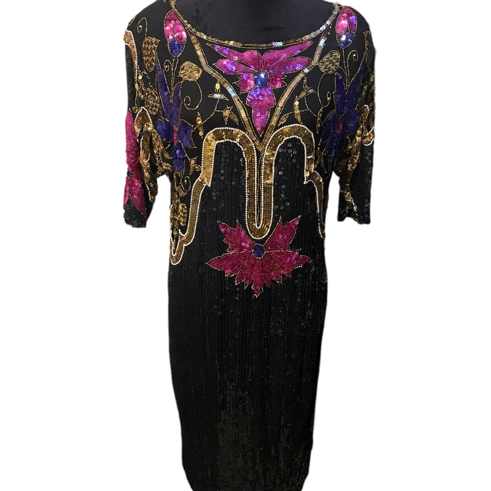 Vintage Chanson D'Amour Womens Dress sz L Black 100% Silk Sequin Beaded 80s